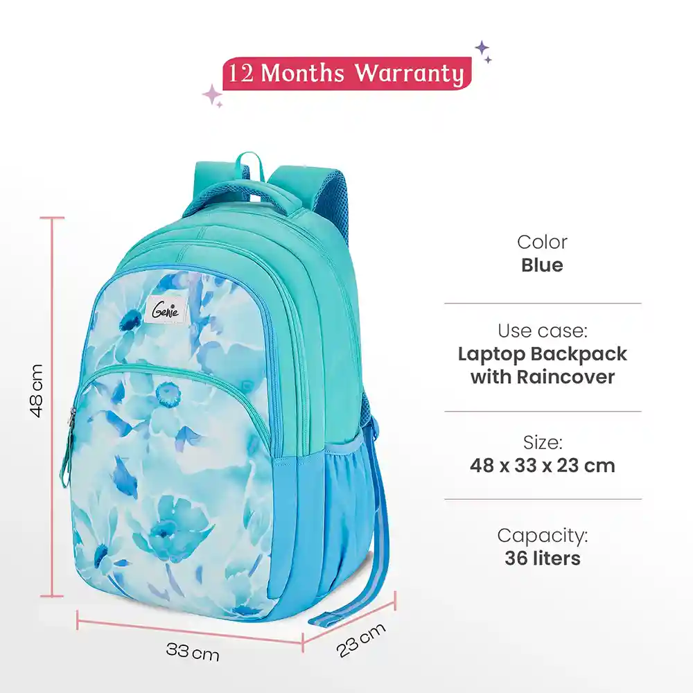 The Genie Elsie 36L Backpack is the perfect choice for students and professionals seeking a stylish, functional, and durable companion. With its spacious 36-liter capacity and three well-organized compartments, it effortlessly accommodates books, gadgets, and daily essentials. A dedicated padded laptop sleeve ensures device safety, while the front and side pockets offer quick access to smaller items. The built-in organizer keeps everything neatly arranged, and the included rain cover provides protection from unexpected showers. Designed for school, college, or travel, the Genie Elsie backpack combines comfort, convenience, and a trendy design, making it an ideal everyday essential.