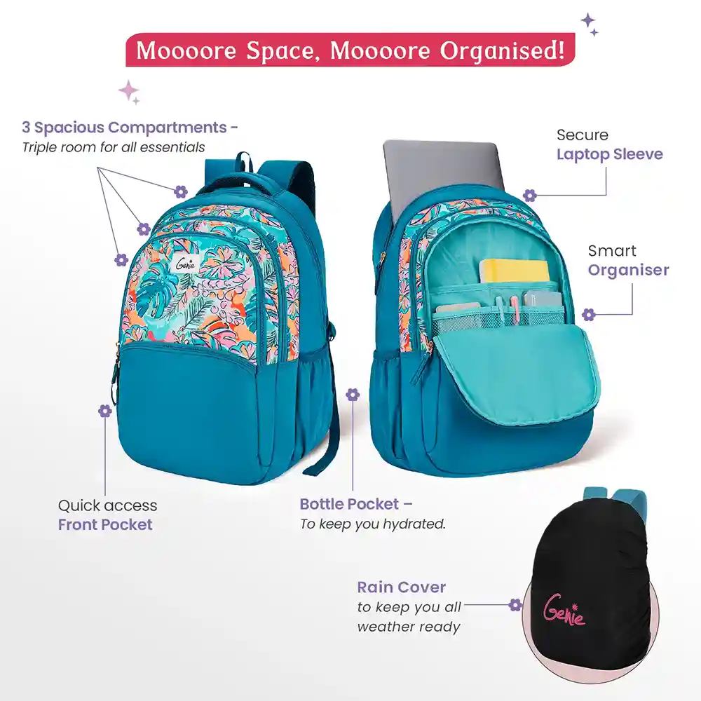 Genie Ruby 36L Laptop Backpack – Multi-Compartment, Lightweight, Durable, with Rain Cover for Travel & School.