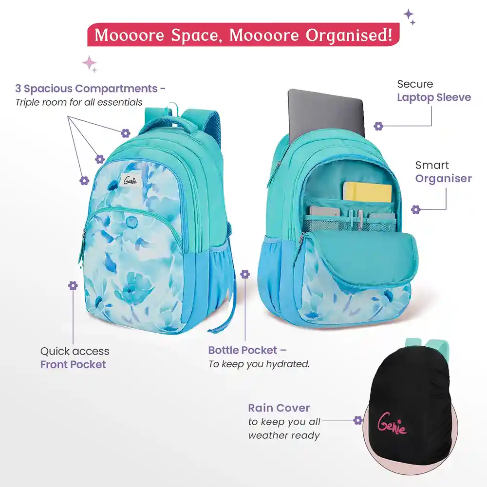 The Genie Elsie 36L Backpack is the perfect choice for students and professionals seeking a stylish, functional, and durable companion. With its spacious 36-liter capacity and three well-organized compartments, it effortlessly accommodates books, gadgets, and daily essentials. A dedicated padded laptop sleeve ensures device safety, while the front and side pockets offer quick access to smaller items. The built-in organizer keeps everything neatly arranged, and the included rain cover provides protection from unexpected showers. Designed for school, college, or travel, the Genie Elsie backpack combines comfort, convenience, and a trendy design, making it an ideal everyday essential.