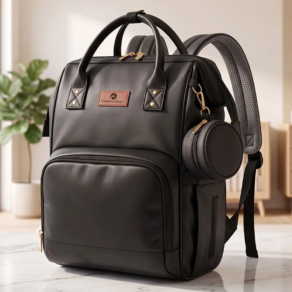 StarAndDaisy Stylish Diaper Backpack with Multi-Compartments, Insulated Bottle Pocket, Extra Small Pouch & Ultra Vegan Leather 30L Capacity – Black