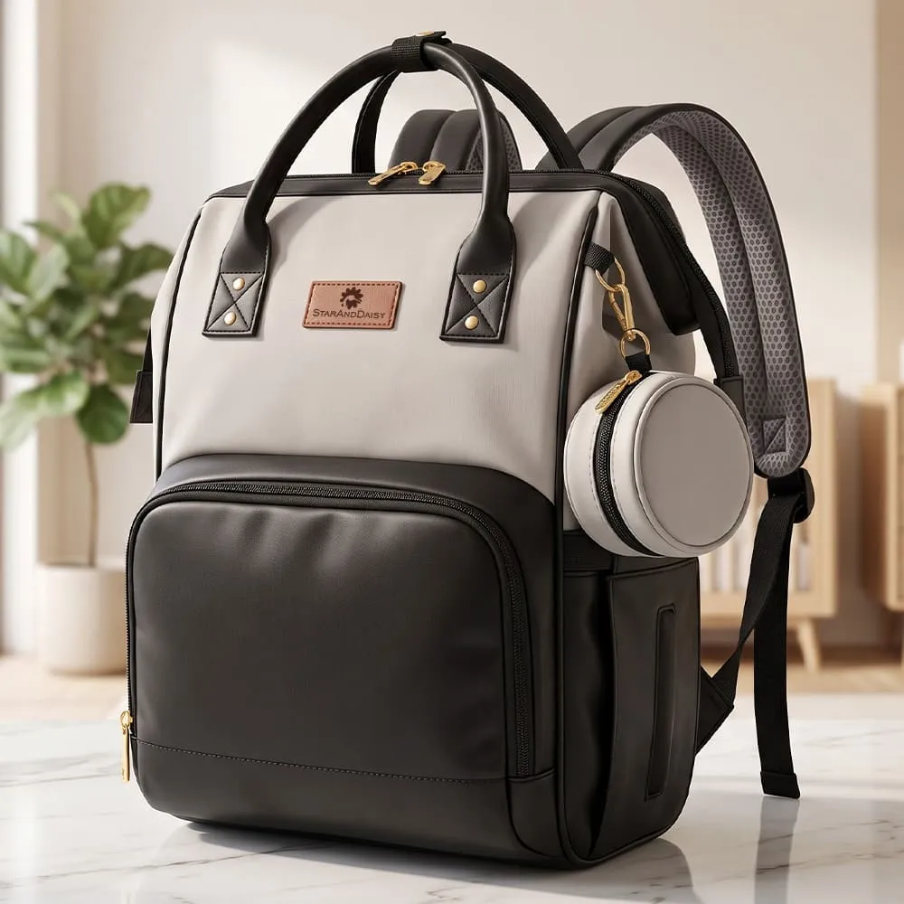 StarAndDaisy Unisex Diaper Backpack with Multi-Compartments, Insulated Bottle Pocket, Extra Small Pouch & Ultra Vegan Leather 30L Capacity – BlackGrey