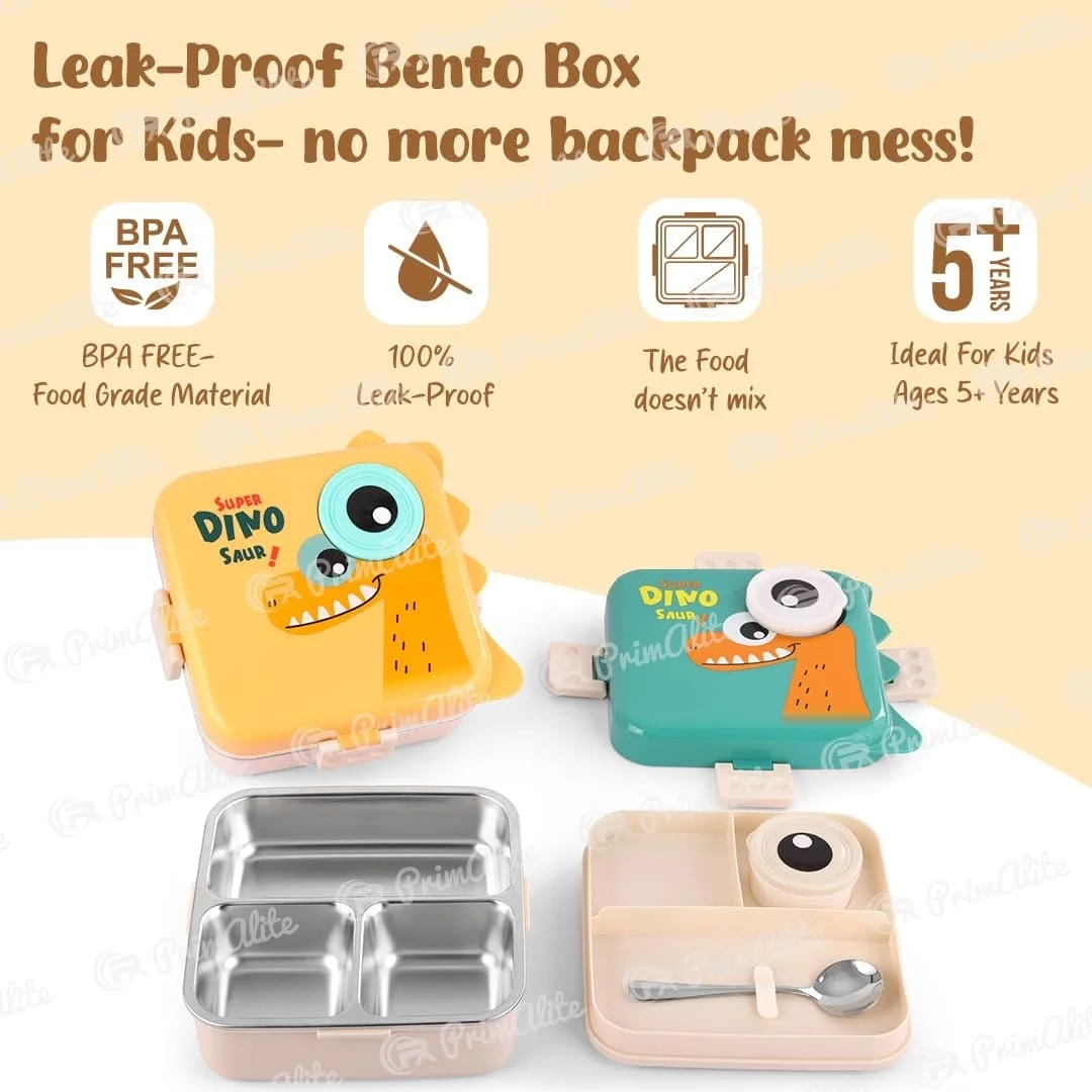 Dinosaur Children Double Layer, Crafted from BPA-free, 304 stainless steel, it’s safe, durable, and leakproof, Designed for kids School Tiffin bento Lunch Box-Green