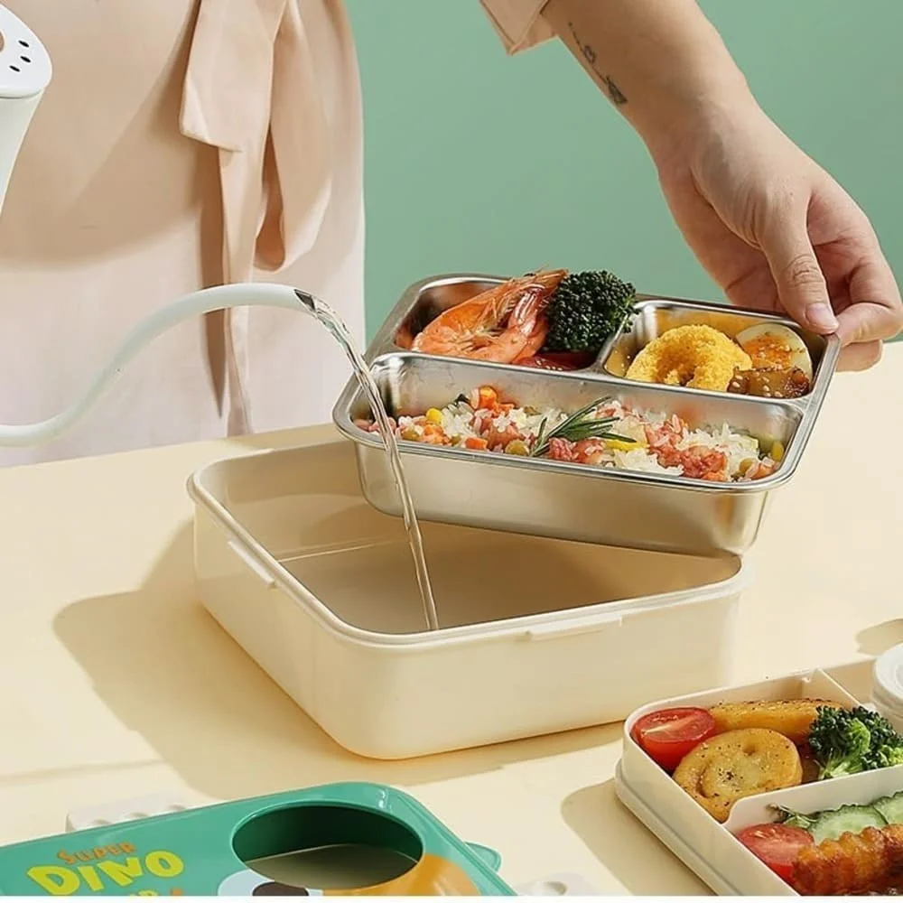 Cartoon Dinosaur Children Double Layer, Crafted from BPA-free, 304 stainless steel, it’s safe, durable, and leakproof, Designed for kids School Tiffin bento Lunch Box-Orange