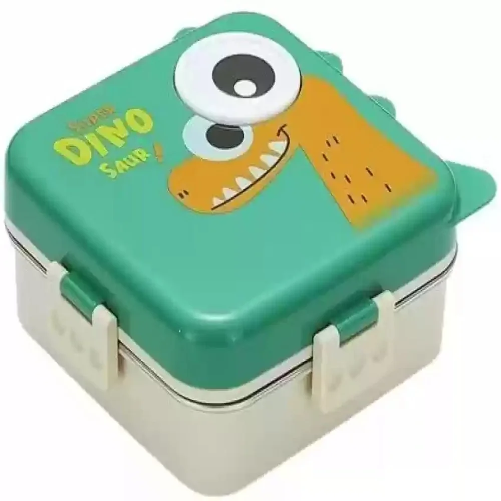 Dinosaur Children Double Layer, Crafted from BPA-free, 304 stainless steel, it’s safe, durable, and leakproof, Designed for kids School Tiffin bento Lunch Box-Green
