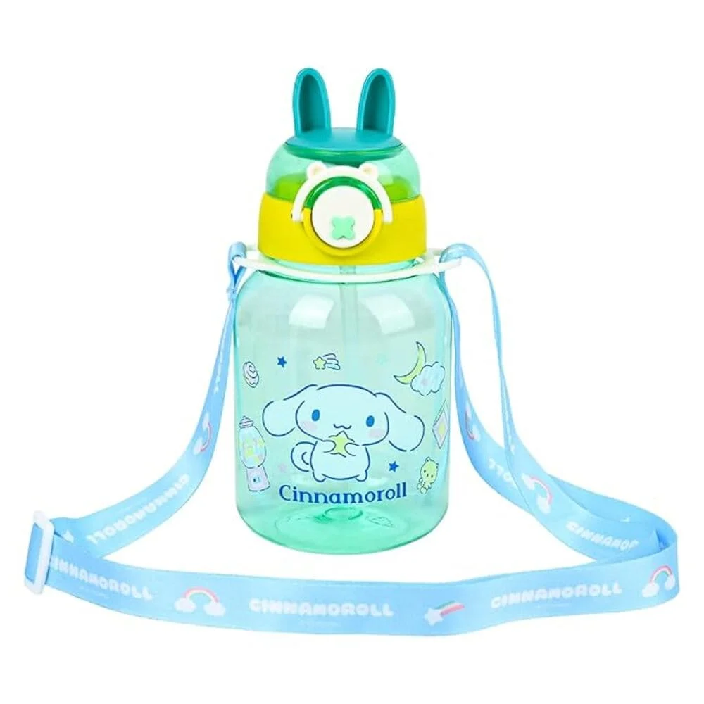 Rabbit Water Bottle with Bunny Ears Lid, Purple Floral Lanyard, Clear & Leak Proof Water Bittle For Kids- Green