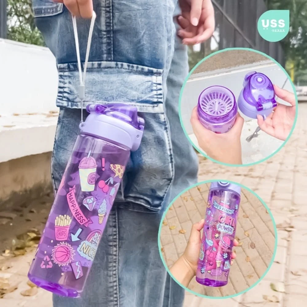 Cartoonistic School Children's Drinking Bottles Colorful Character Pictures Flip Top Body Colorful 700ml - Purple