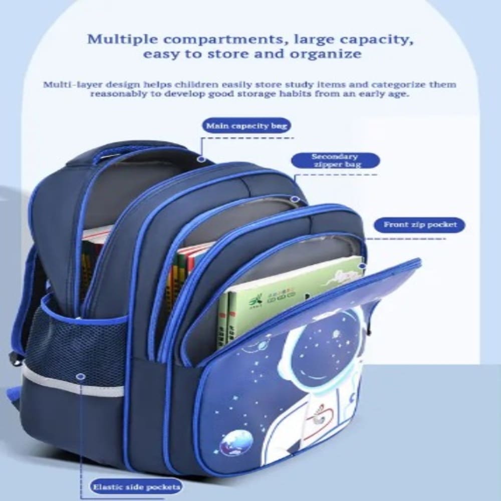 Stylish space-themed backpack, Design with rockets and planets, Made from durable, high-quality material, Comfortable padded straps and multiple compartments-Blue