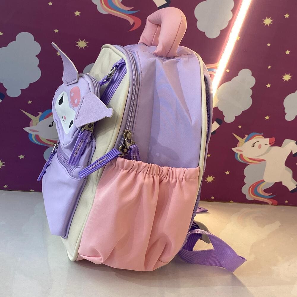 Kuromi-Themed Kids Backpack with Detachable Kuromi Face Pouch, Two Spacious Compartments and Front Zipper with Adjustable Straps -Purple Pink