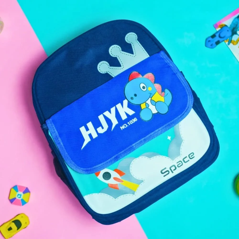 Cartoonistic Flap School Backpack, Adorable Design, Spacious Compartments, and Comfy Straps-Blue