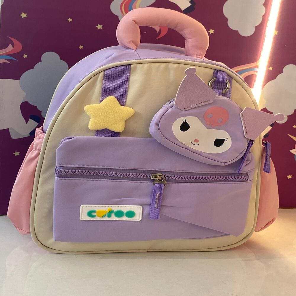 Kuromi-Themed Kids Backpack with Detachable Kuromi Face Pouch, Two Spacious Compartments and Front Zipper with Adjustable Straps -Purple Pink