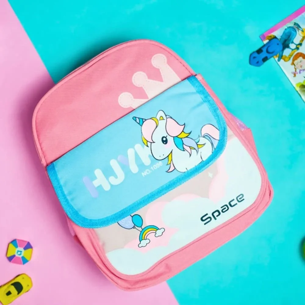 Cute Cartoonistic Flap School Backpack, Adorable design, spacious compartments, and comfy straps make it perfect for little adventurers-Pink