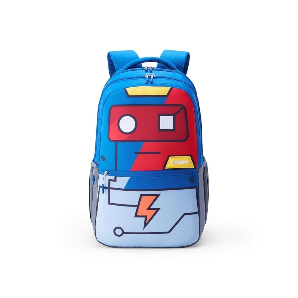 American Tourister Trendy Backpack for School Kids, 3 Full Compartments, Gucci Polyester, Printed Design Backpack 35 Ltr - Toddle 4.0xxl-Robot Blue