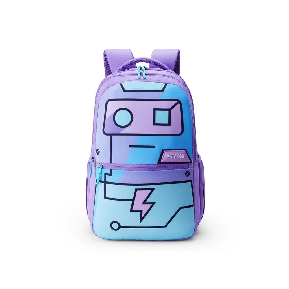 American Tourister Trendy School Backpack, 35 Ltr, 3 Full Compartments, Gucci Polyester, Printed Design Backpack - Toddle 4.0xxl-Robot Lavender