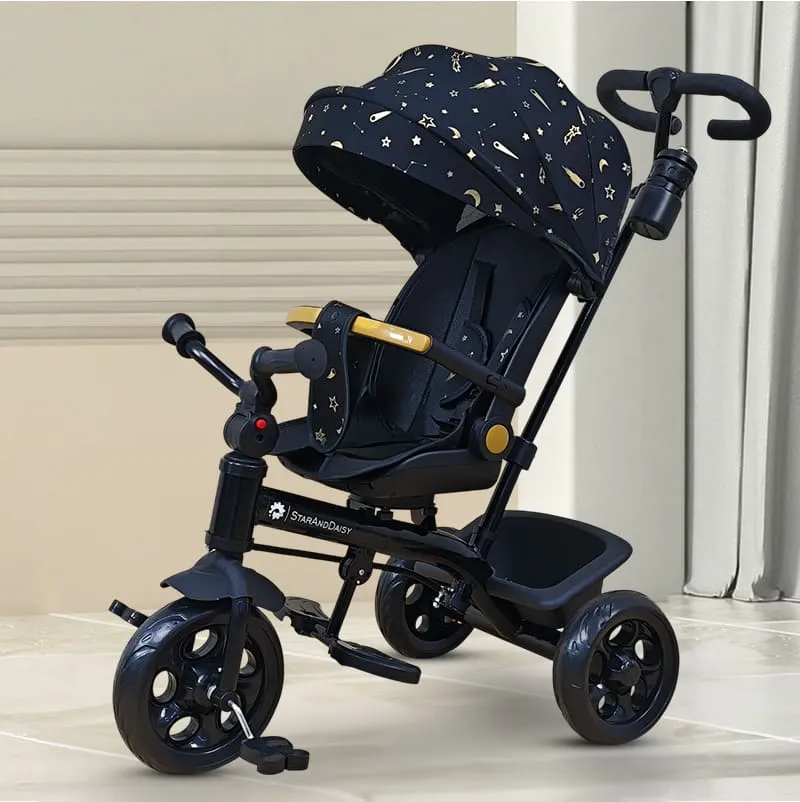 StarAndDaisy 4-in-1 Kids Tricycle with Adjustable Parental Handle, 4 Convertible Stages, & Adjustable Canopy, Tiny Cycle for Boys & Girls (6 Months to 6 Years) - Black