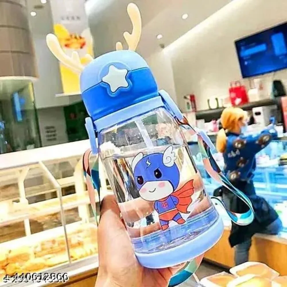 SHOPRIX Magic Pebbles Deer Horn Design Kids Portable Sipper Water Bottle Cute Cartoon Print for Children's 600ml Capacity for School, Shopping, Sports, Travel Water Bottle - Blue
