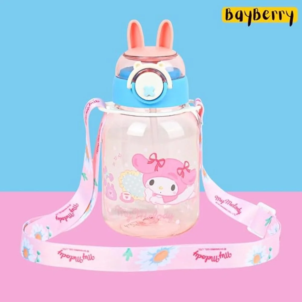Rabbit Water Bottle with Bunny Ears Lid, Purple Floral Lanyard, Clear & Leak Proof Water Bittle For Kids- PINK