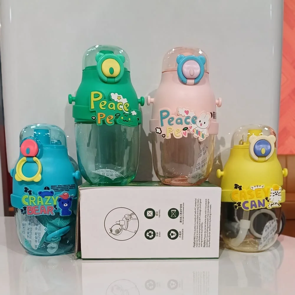 Peace Water Bottle 500ml, Clear Bottle, One-Touch Water Bottle with Straw, Cute, Clear Bottle, Drink Bottle, Crossbody Hanging-Pink