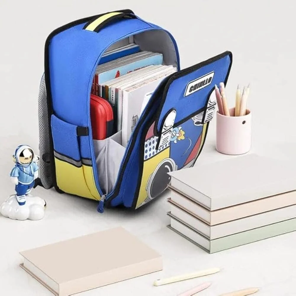 3D Kids Backpack, Space, Animals, Cartoons, Or Fantasy Character, Lightweight Materials, Padded Shoulder Straps And Breathable - Blue & Yellow