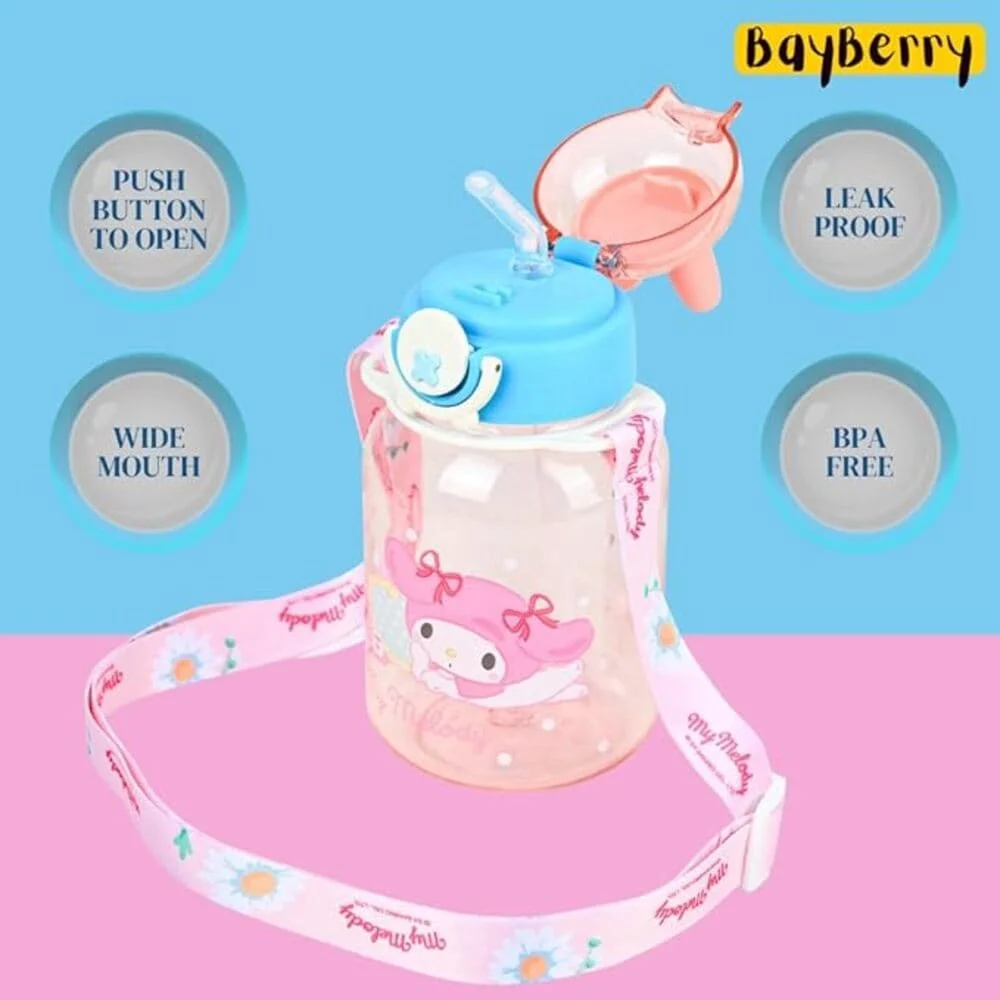 Rabbit Water Bottle with Bunny Ears Lid, Purple Floral Lanyard, Clear & Leak Proof Water Bittle For Kids- PINK