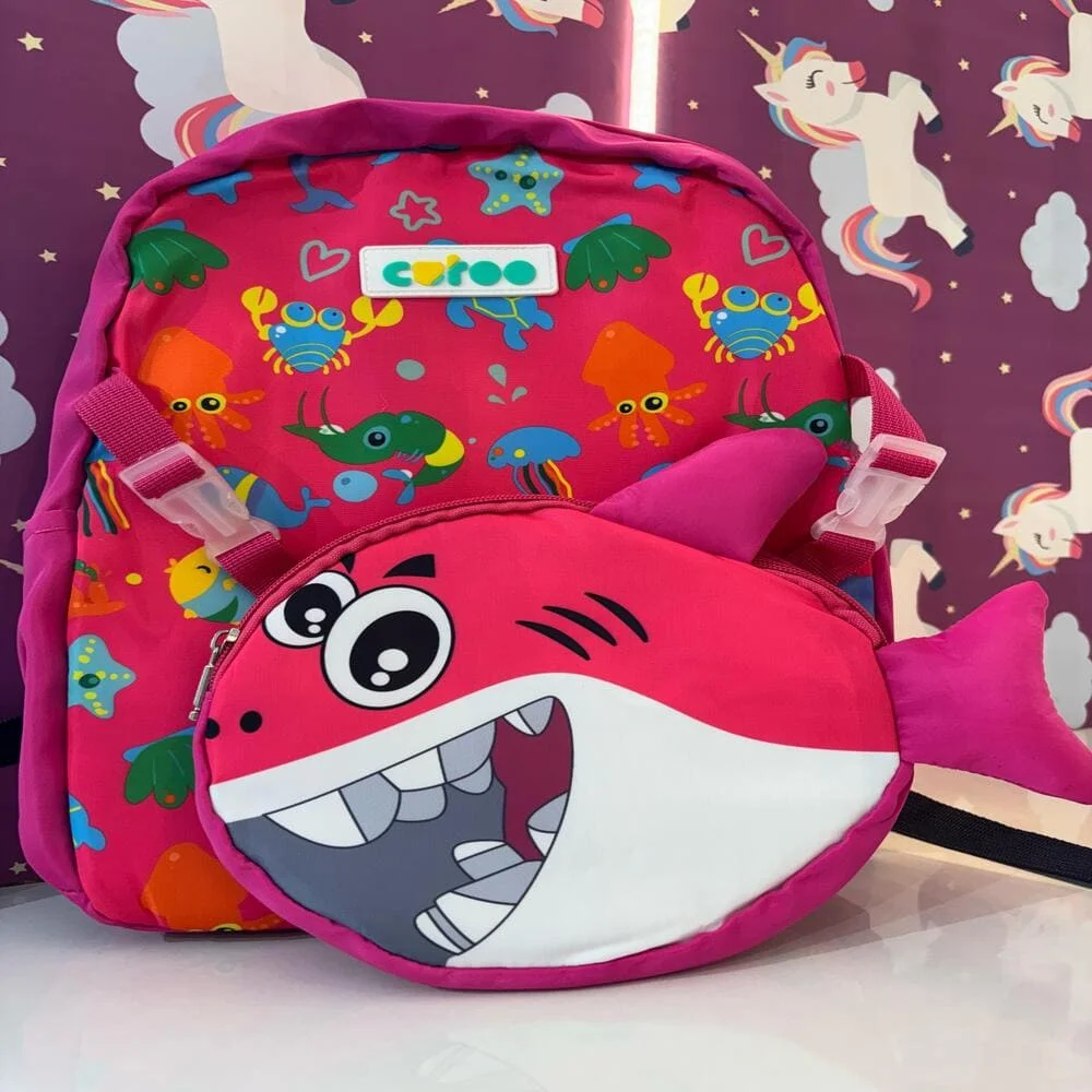 Adorable Ocean Shark Themed Backpack – Fun and Colorful Design Featuring a Smiling Shark, Sea Creatures, and Playful Patterns, Perfect for School, Travel, and Everyday Adventures for Young Explorers - Pink