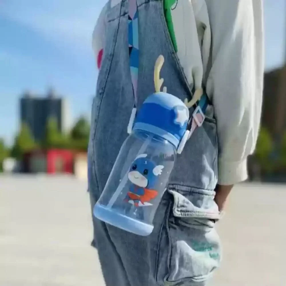 SHOPRIX Magic Pebbles Deer Horn Design Kids Portable Sipper Water Bottle Cute Cartoon Print for Children's 600ml Capacity for School, Shopping, Sports, Travel Water Bottle - Blue