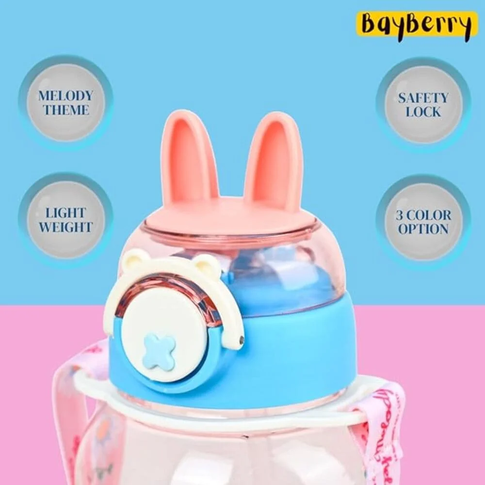 Rabbit Water Bottle with Bunny Ears Lid, Purple Floral Lanyard, Clear & Leak Proof Water Bittle For Kids- PINK