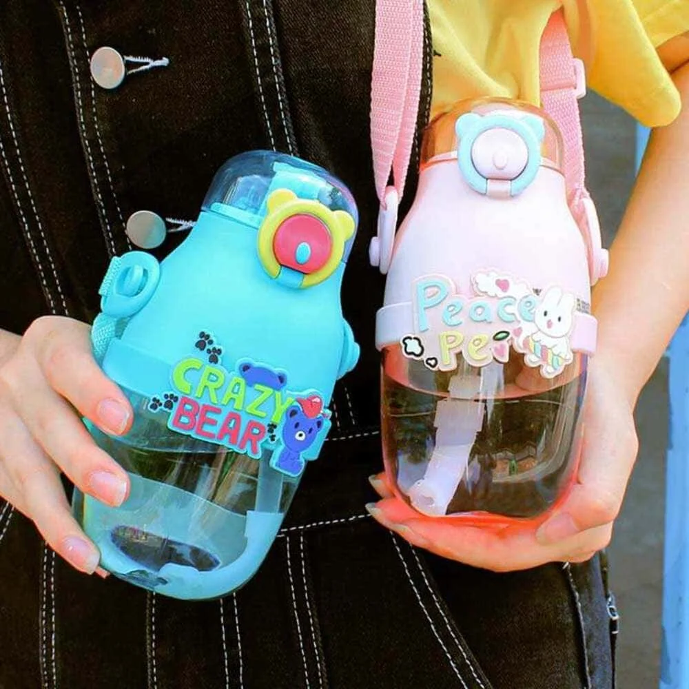 Peace Water Bottle 500ml, Clear Bottle, One-Touch Water Bottle with Straw, Cute, Clear Bottle, Drink Bottle, Crossbody Hanging-Pink