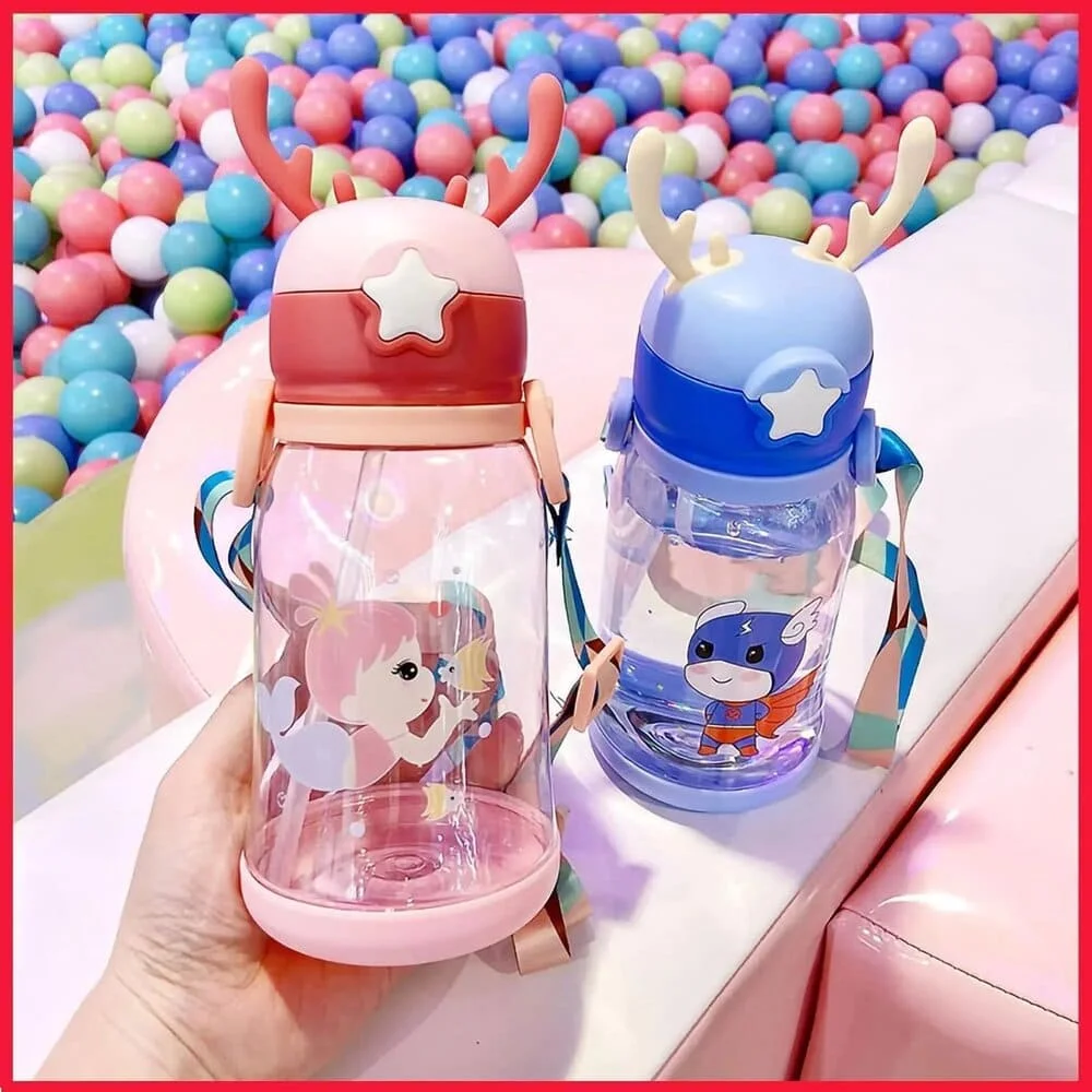 SHOPRIX Magic Pebbles Deer Horn Design Kids Portable Sipper Water Bottle Cute Cartoon Print for Children's 600ml Capacity for School, Shopping, Sports, Travel Water Bottle - Blue
