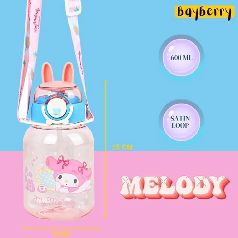 Rabbit Water Bottle with Bunny Ears Lid, Purple Floral Lanyard, Clear & Leak Proof Water Bittle For Kids- PINK