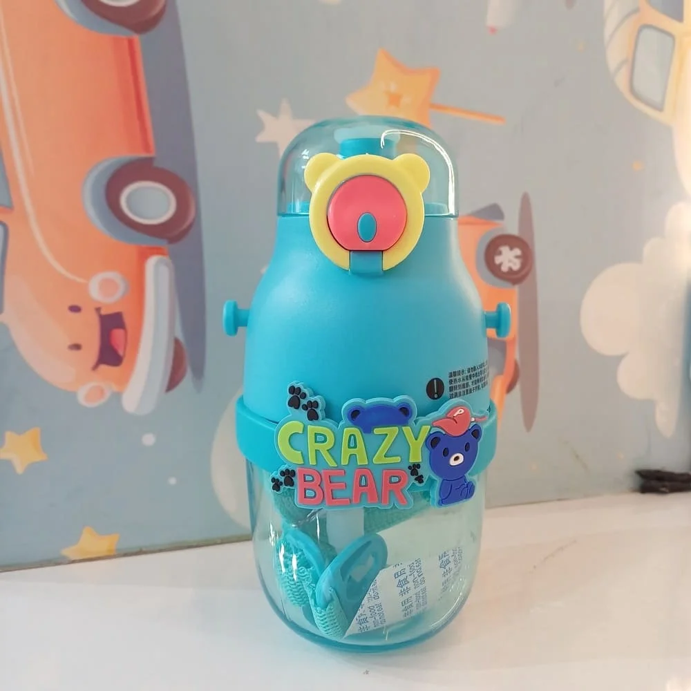 Peace Water Bottle 500ml, Clear Bottle, One-Touch Water Bottle with Straw, Cute, Clear Bottle, Drink Bottle, Crossbody Hanging- Blue