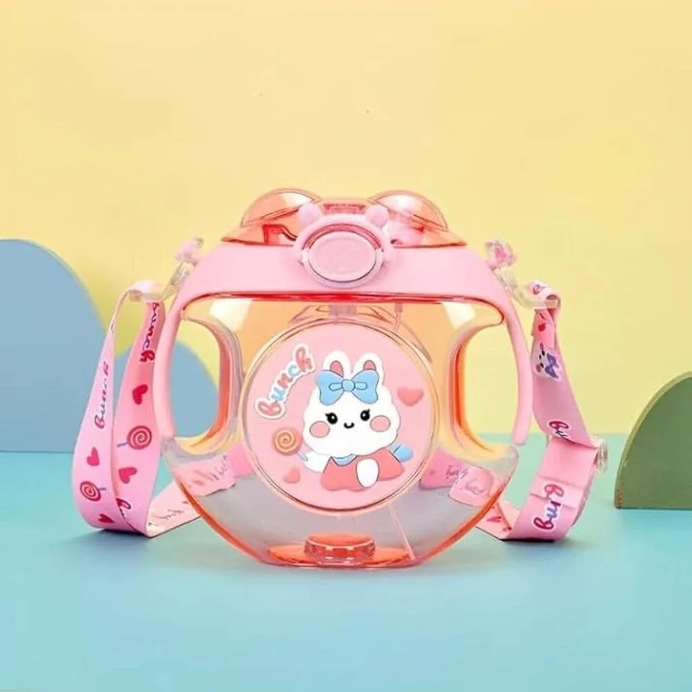 Cute Donut Shape Leakproof Plastic Drink Water Bottles with Adjustable Shoulder Strap Portable Reusable Bottle for Outdoor Camping Sports Travel-Pink