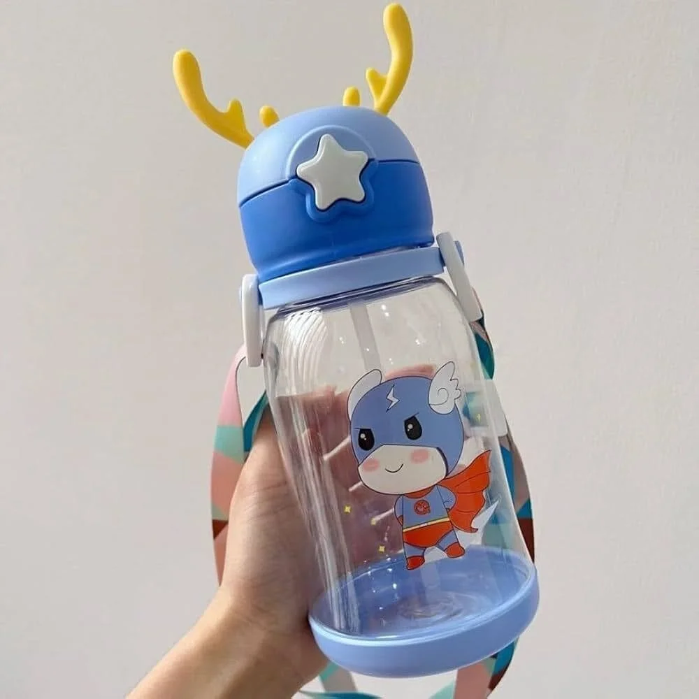 SHOPRIX Magic Pebbles Deer Horn Design Kids Portable Sipper Water Bottle Cute Cartoon Print for Children's 600ml Capacity for School, Shopping, Sports, Travel Water Bottle - Blue