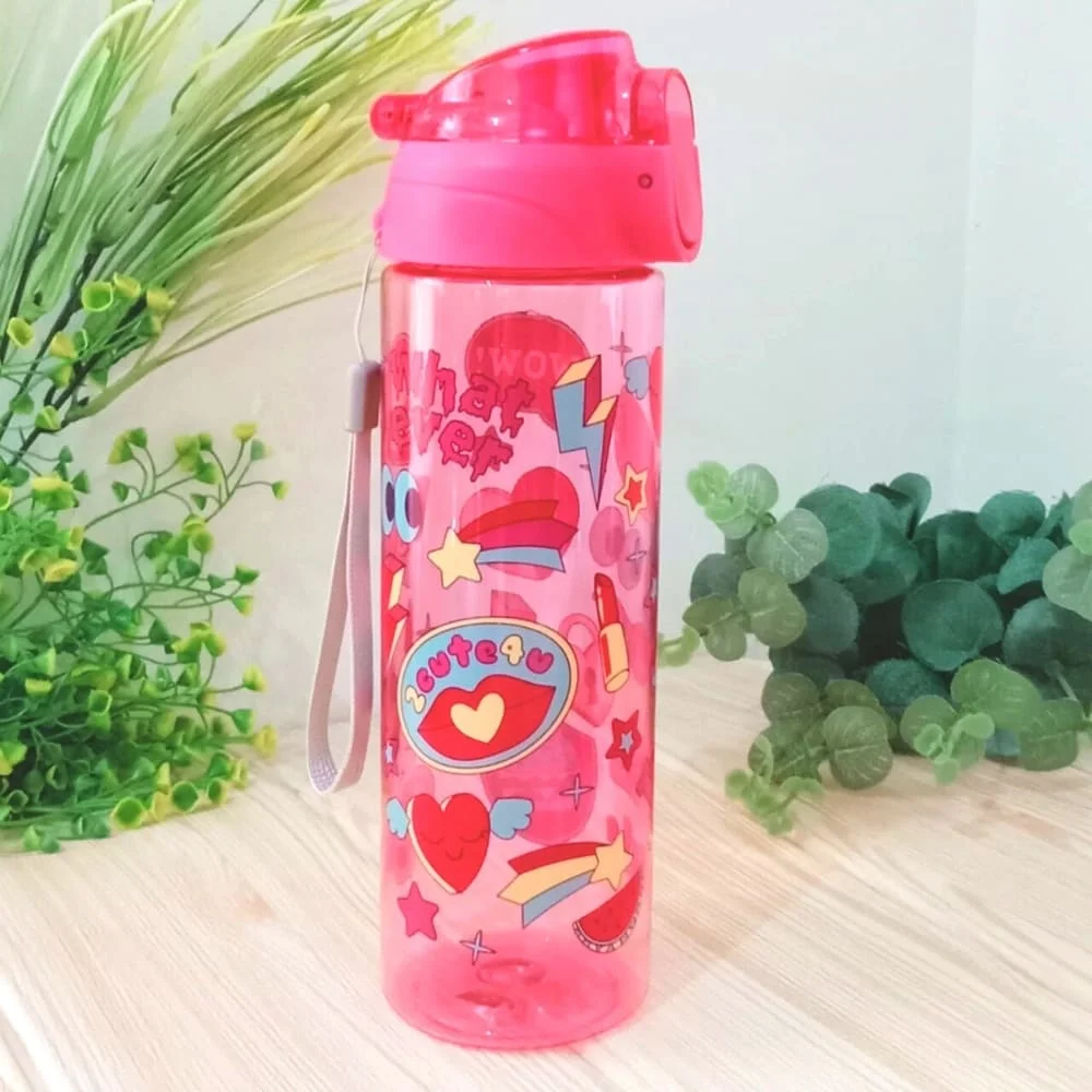 Cartoonistic School Children's Drinking Bottles Colorful Character Pictures Flip Top Body Colorful 700ml - Pink