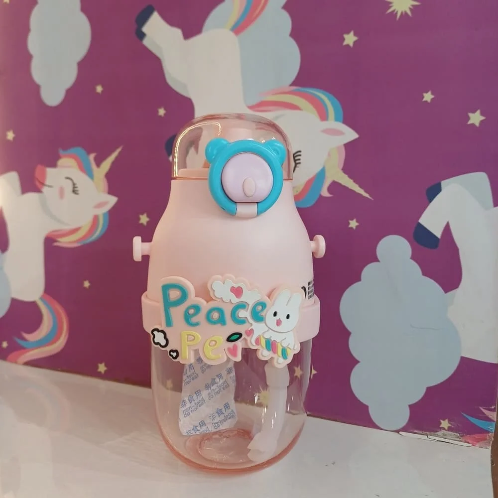 Peace Water Bottle 500ml, Clear Bottle, One-Touch Water Bottle with Straw, Cute, Clear Bottle, Drink Bottle, Crossbody Hanging-Pink