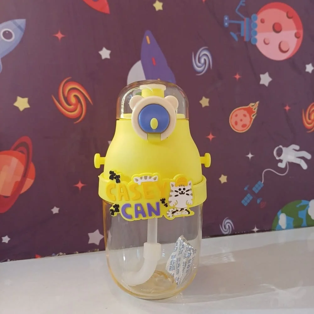 Peace Water Bottle 500ml, Clear Bottle, One-Touch Water Bottle with Straw, Cute, Clear Bottle, Drink Bottle, Crossbody Hanging- Yellow