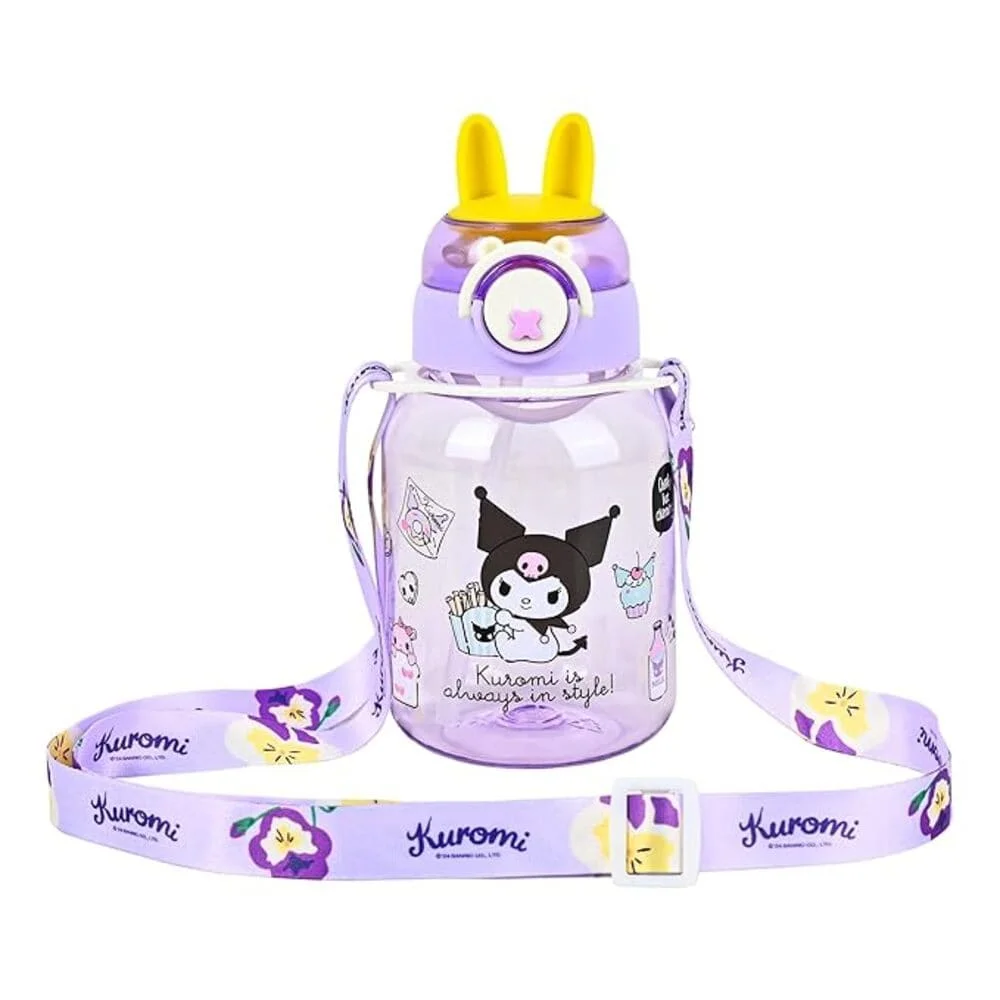 Rabbit Water Bottle with Bunny Ears Lid, Purple Floral Lanyard, Clear & Leak Proof Water Bittle For Kids- Purple