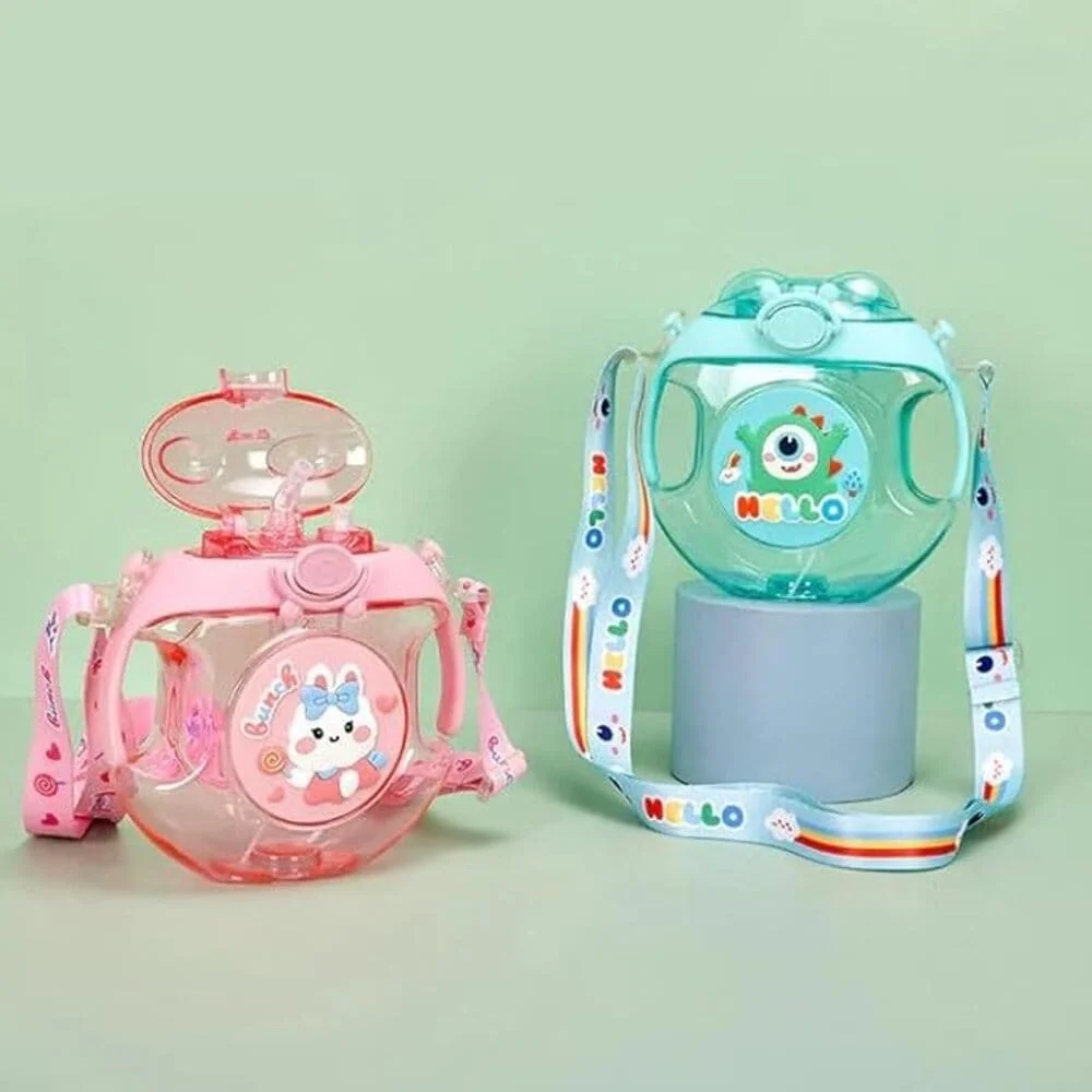 Cute Donut Shape Leakproof Plastic Drink Water Bottles with Adjustable Shoulder Strap Portable Reusable Bottle for Outdoor Camping Sports Travel-Pink