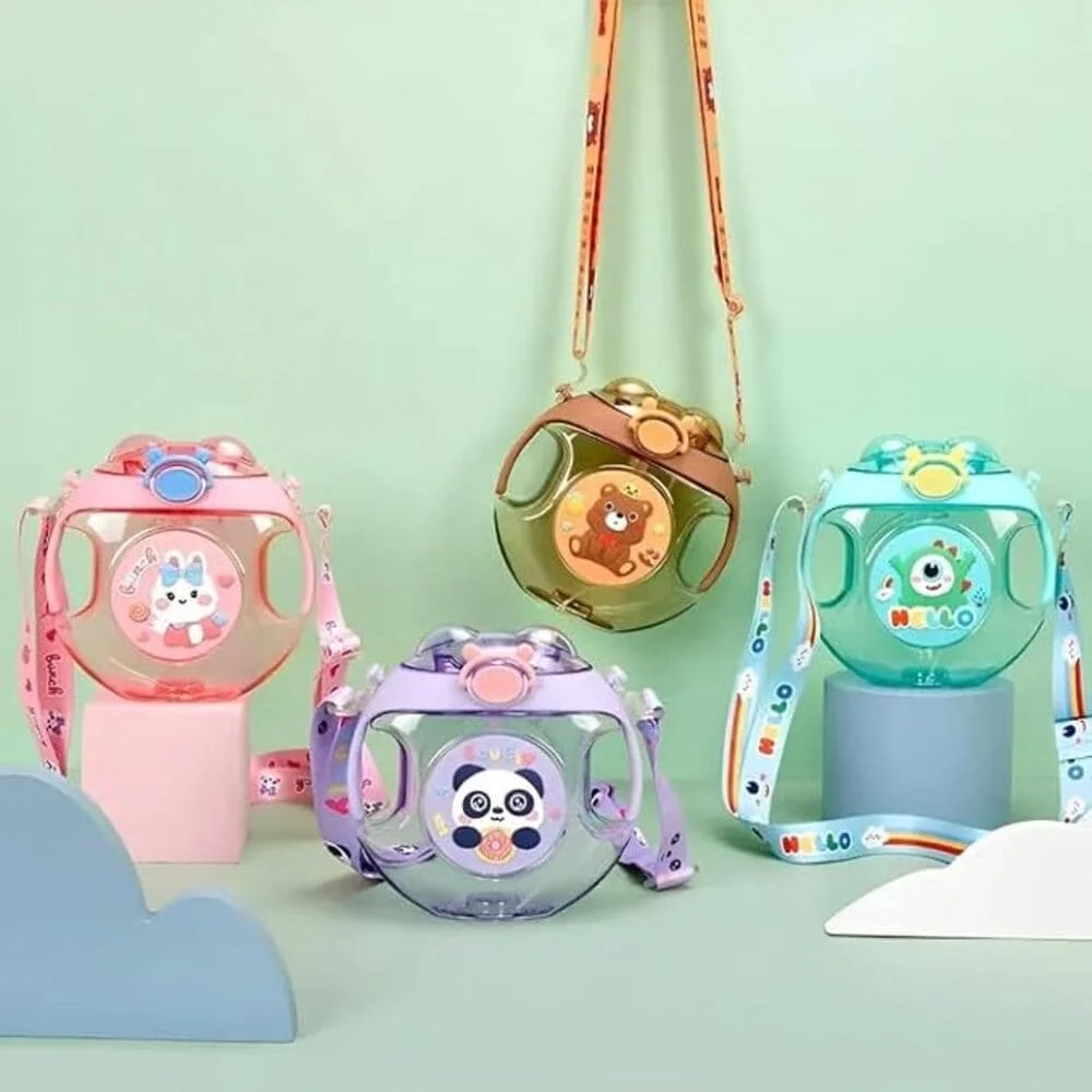 Cute Donut Shape Leakproof Plastic Drink Water Bottles with Adjustable Shoulder Strap Portable Reusable Bottle for Outdoor Camping Sports Travel-Pink