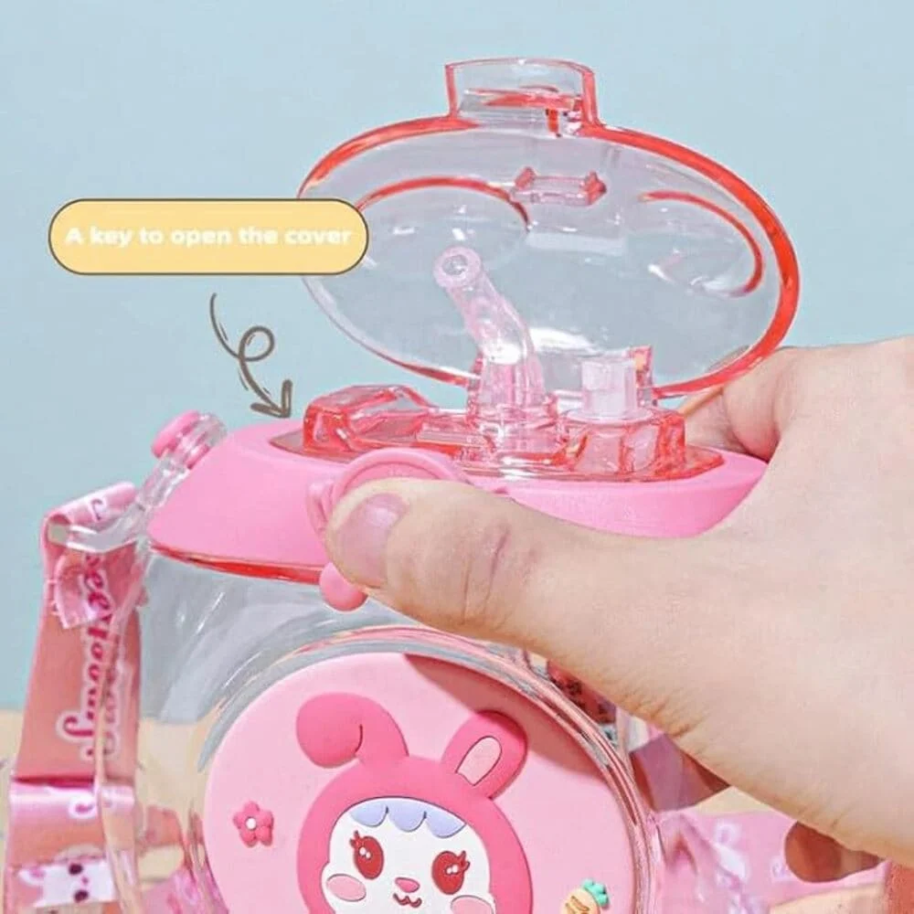 Cute Donut Shape Leakproof Plastic Drink Water Bottles with Adjustable Shoulder Strap Portable Reusable Bottle for Outdoor Camping Sports Travel-Pink