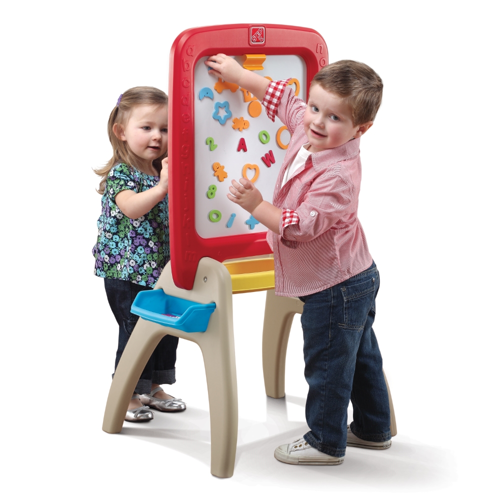 Step2 All Around Easel For Two Red, Easel Stand for Kids, Chalkboard & Dry Erase Board