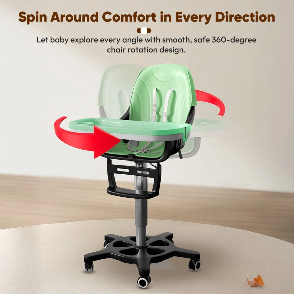 StarAndDaisy Premium High Chair for Babies with 5 Adjustable Seat, Dual Detachable Food Tray, 360 ° Wheels - Green