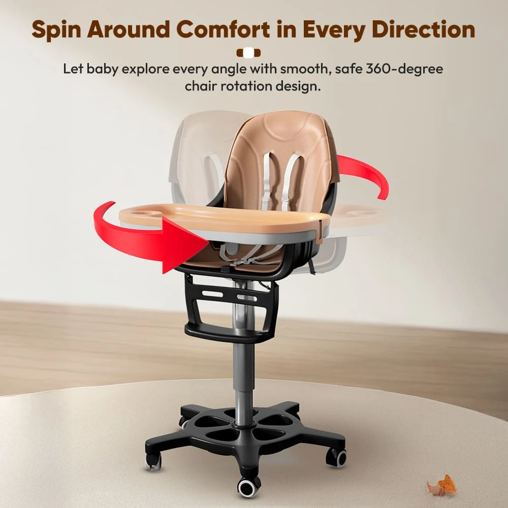 StarAndDaisy Premium High Chair for Baby with 5 Adjustable Seat, Dual Detachable Food Tray, 360 ° Wheels - Peach