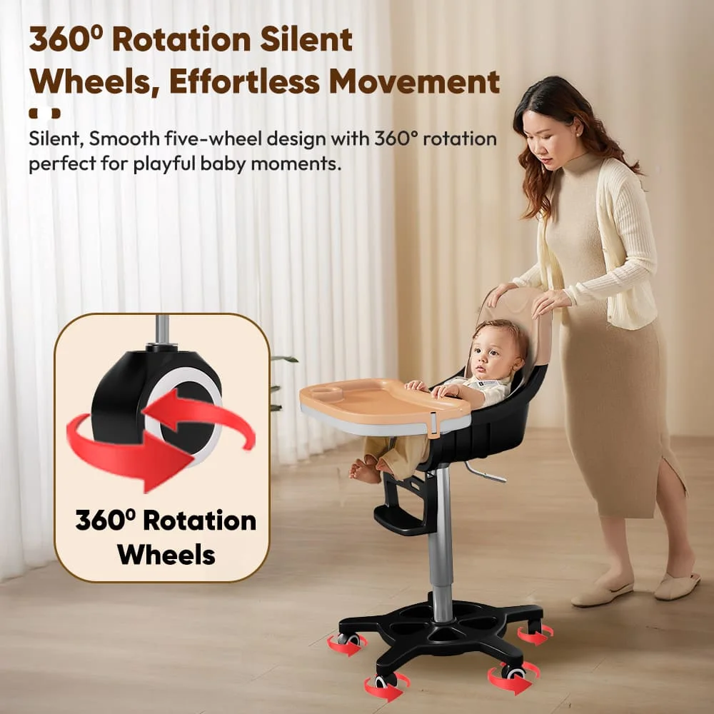 StarAndDaisy Premium High Chair for Baby with 5 Adjustable Seat, Dual Detachable Food Tray, 360 ° Wheels - Peach