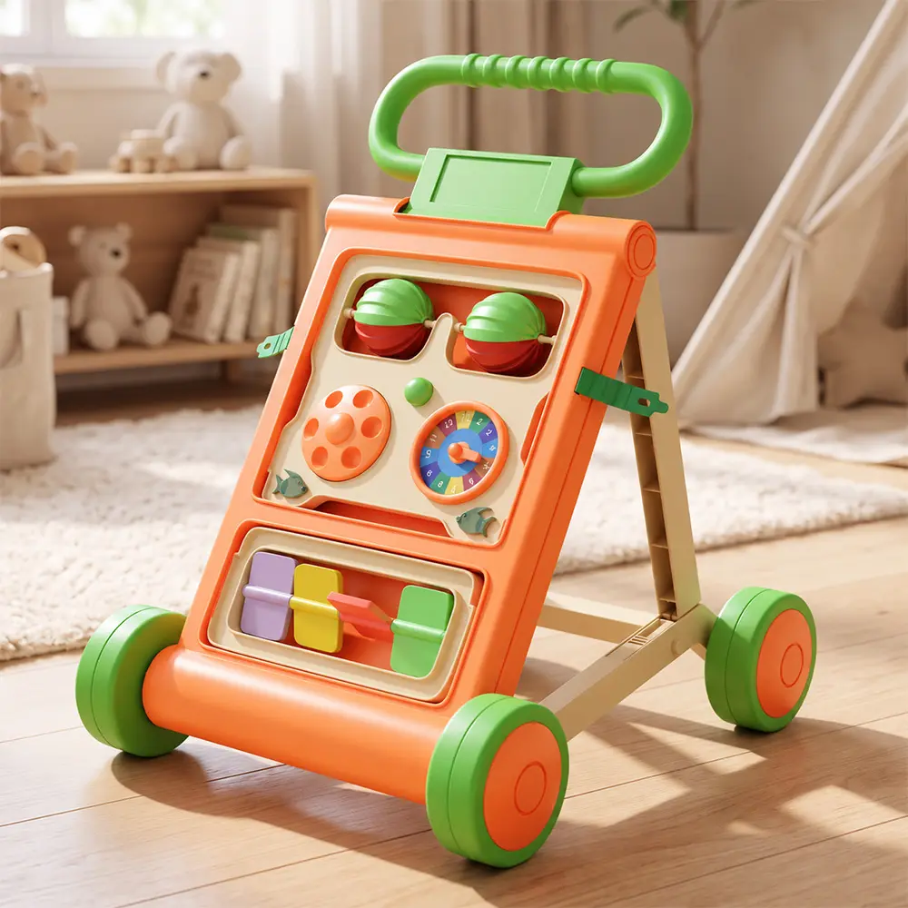 Uonibaby by StarAndDaisy Baby Push Walker with Music, Kids Push Walker with Wheels and Colorful Plates – Orange