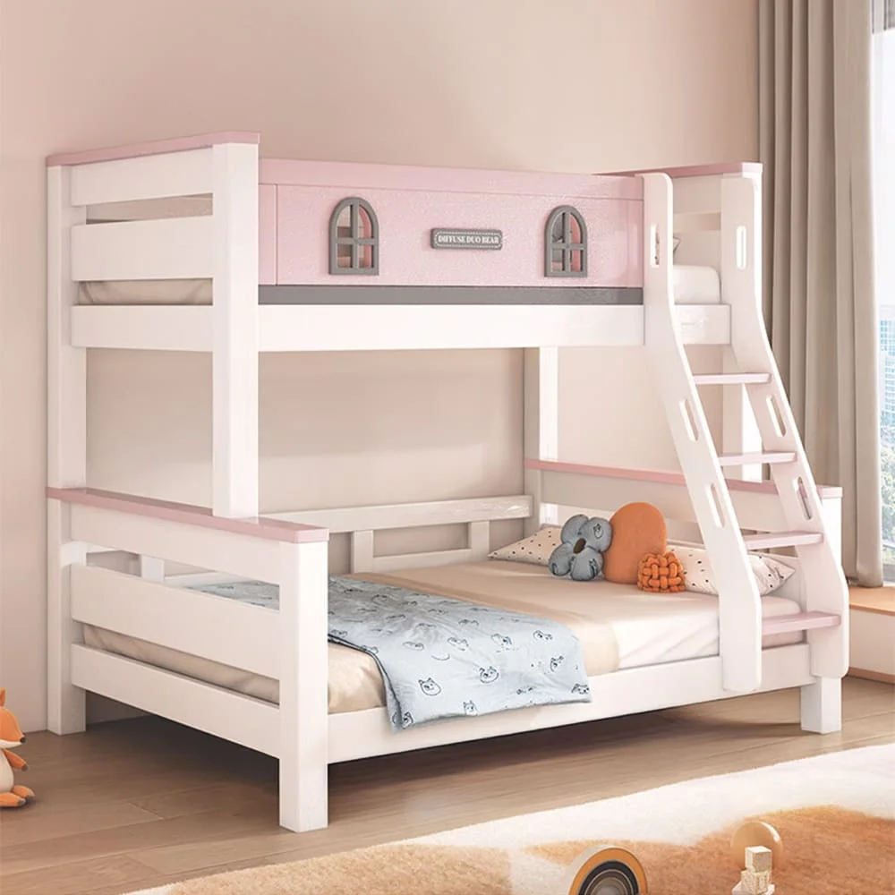 StarAndDaisy Luxury Bunk Bed for Kids without Ladder Cabinets, Double Decker Children's Bed with Bed Guardrail - T3 Pink