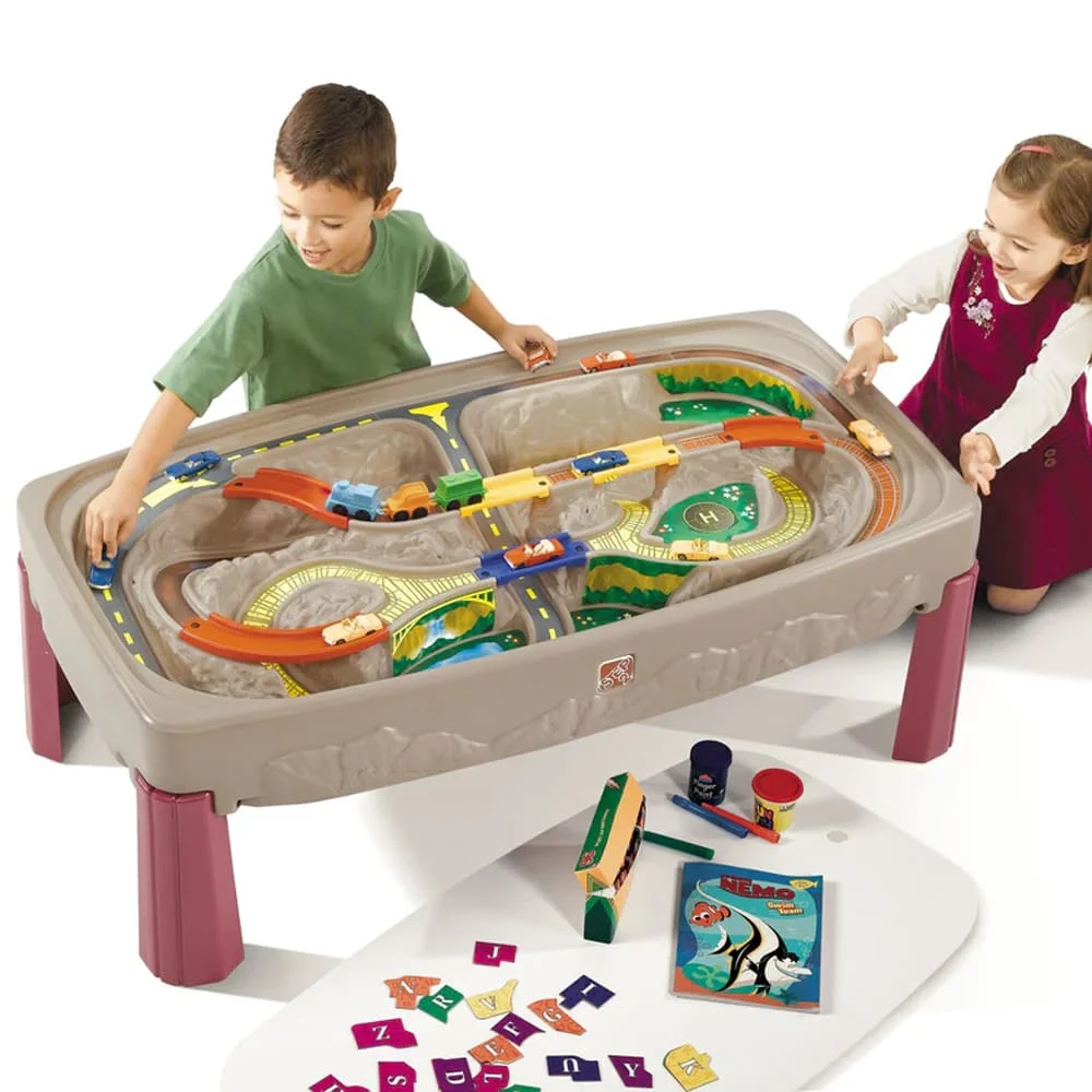 Step2 Deluxe Canyon Road Train & Track Table for kids, Molded Track & Non-Removable Bridges with 3 Piece Train Set for 3 year+ Children's