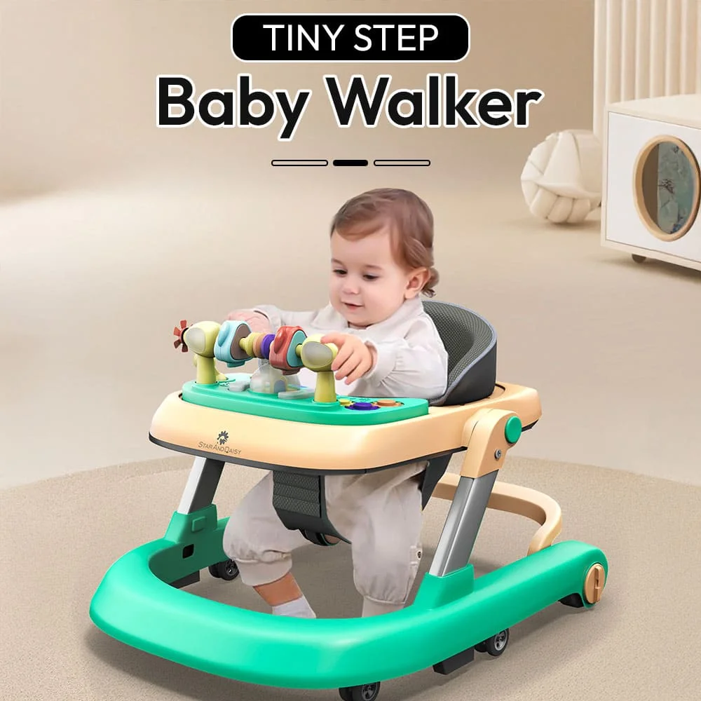 StarAndDaisy Tiny Steps Musical Baby Walker, 2-in-1 Infant & Baby Activity Walker Detachable Toys Tray, Seated or Walk-Behind Green