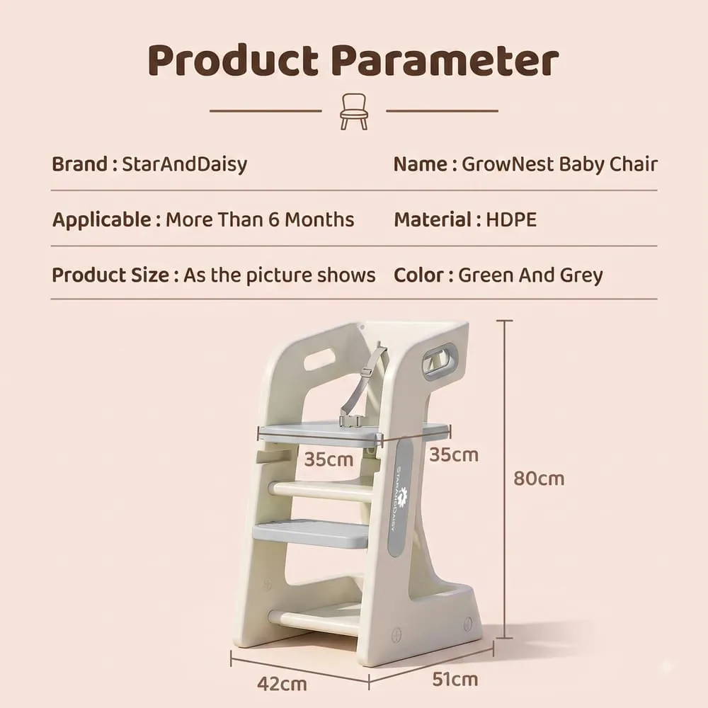 details and dimension of Grownest Adjustable Dining chair Grey