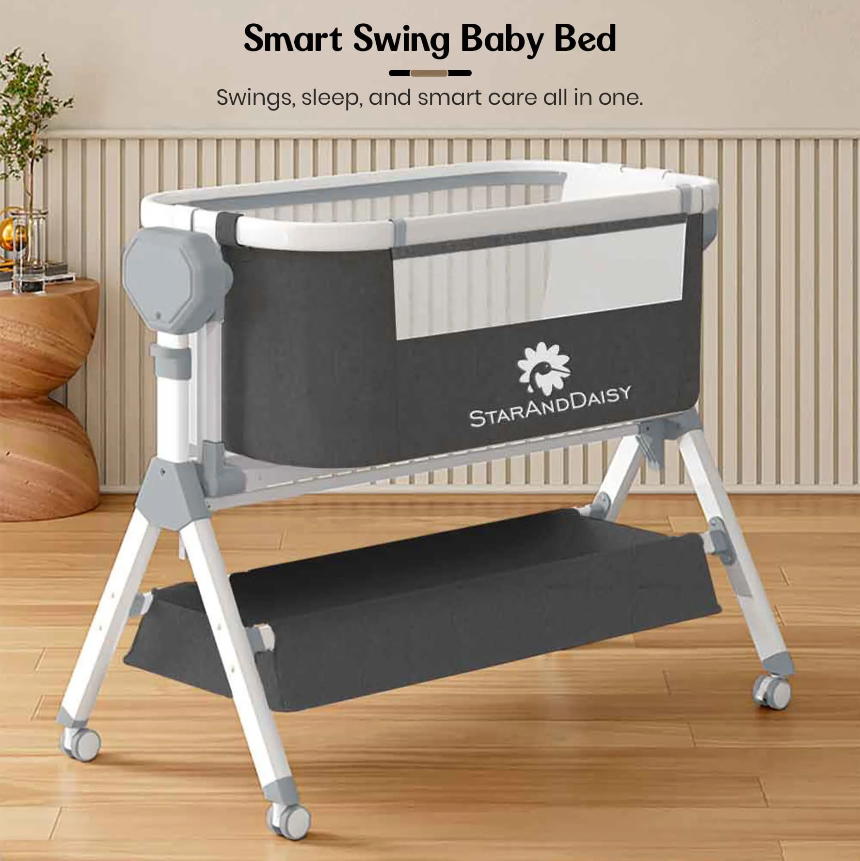 StarAndDaisy Electric Baby Swing Crib Cradle with Mosquito Net, Bed Side Baby Bassinet with 5 Level Of Height Adjustable & Lockable Wheels - Black