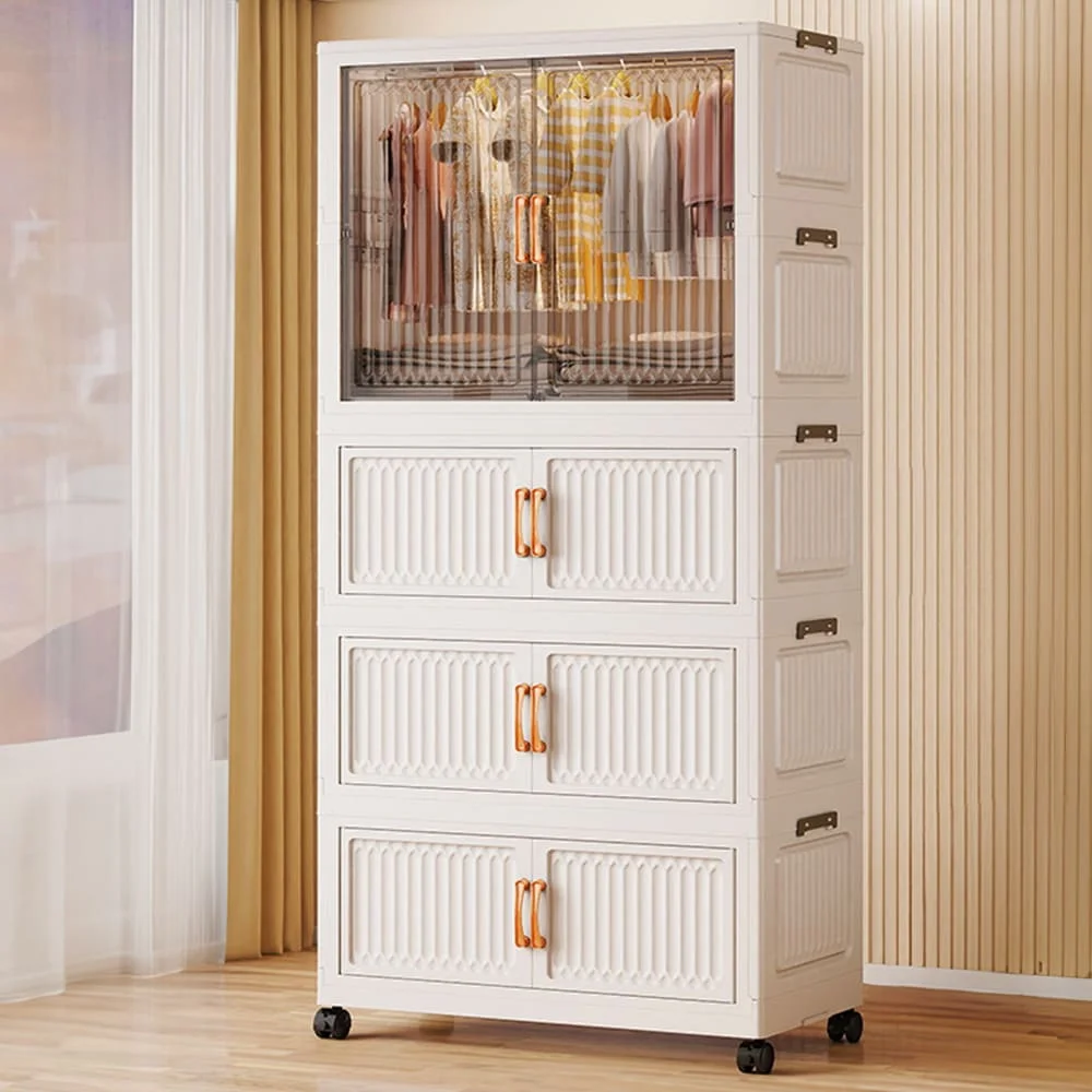 StarAndDaisy Foldable Storage Organizer with Wheels, Portable Storage Cubes with Handles, Wardrobe & 3 Folding Box - White Transparent-1